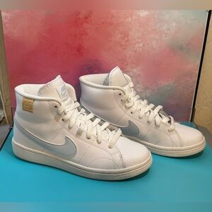 Nike White Mid-Top Sneakers with Light Gray Swoosh